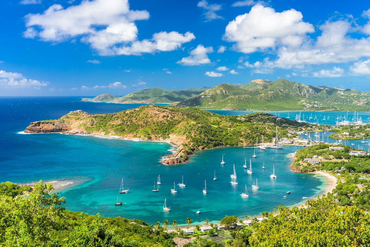 English Harbour and the islands of Antigua and Barbuda in the Caribbean, viewed from Shirley Heights in Antigua