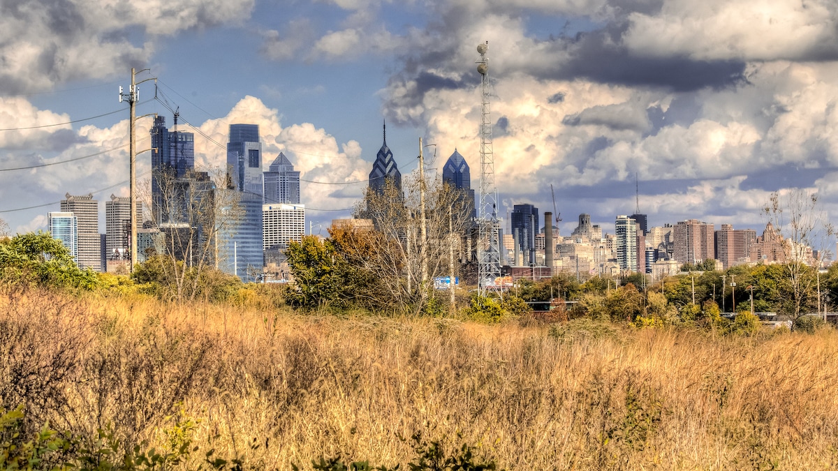 A view of the city skyline from Bartram's Garden in Philadelphia, Pennsylvania