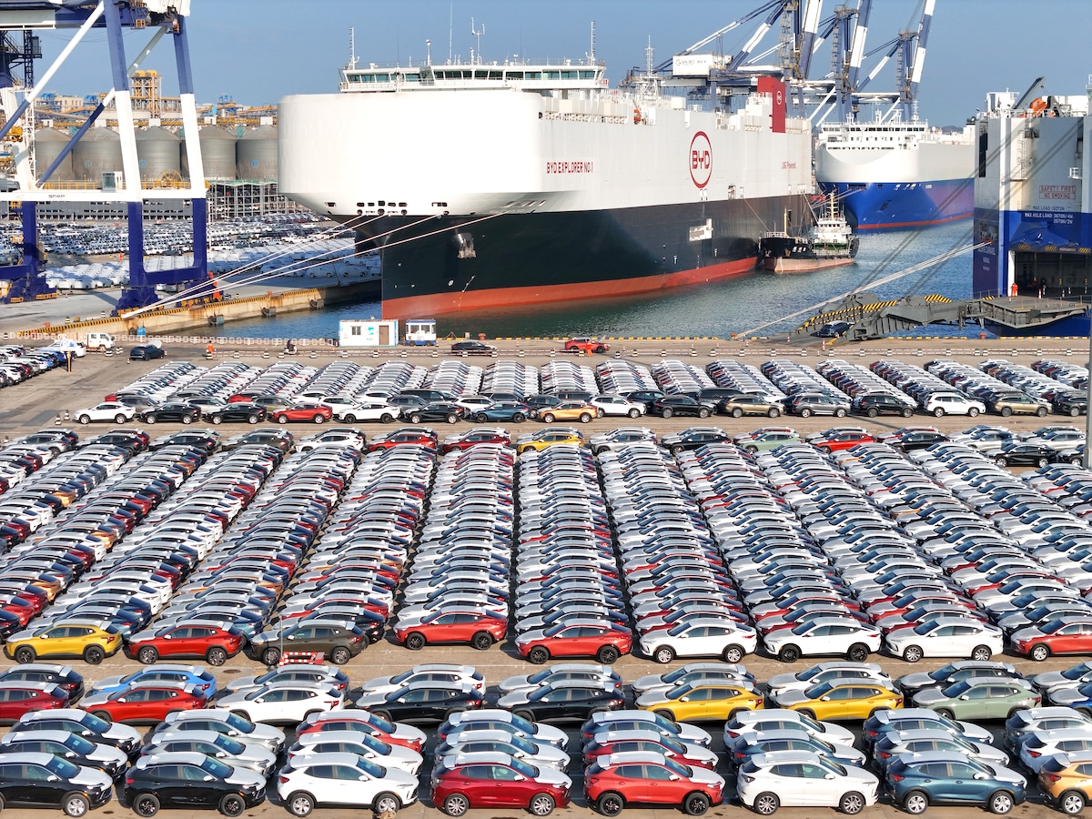 New BYD electric vehicles for export at the port of Yantai, Shandong Province, China