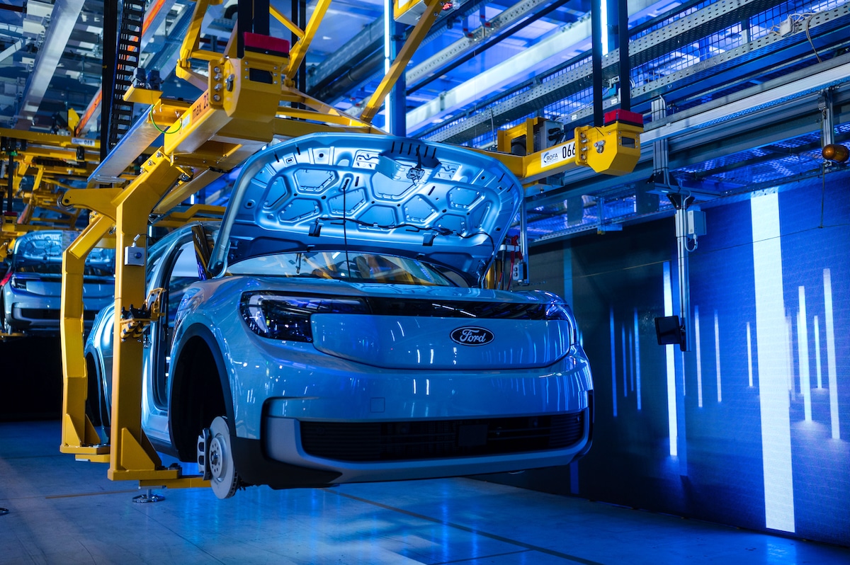 An electric Ford Explorer in assembly during the pre-opening ceremony of the Ford Cologne Electric Vehicle Center, Ford's first EV center in Europe, in North Rhine-Westphalia, Germany