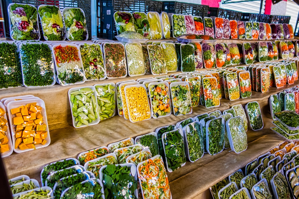 Packaged fruits and vegetables at a market in Brazil