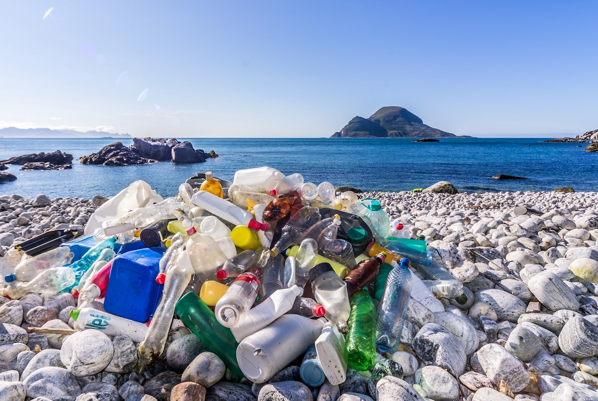 Plastic bottles littering a beach in Norway