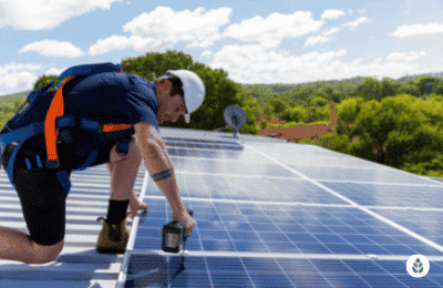 man tightening up solar panels on the roof